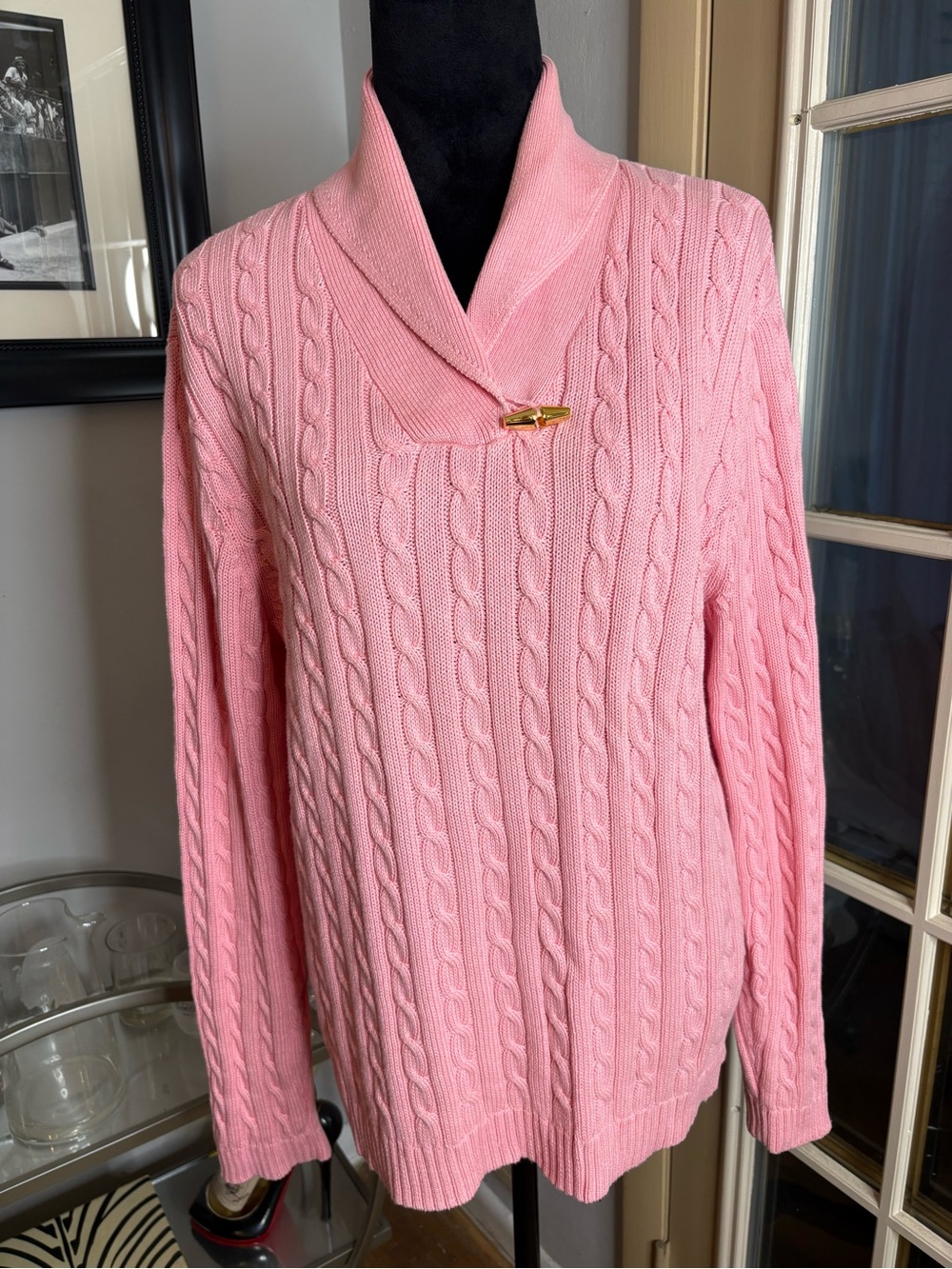 Ralph Lauren Pink Cable-Knit Shawl Collar Sweater with Gold Toggle xl